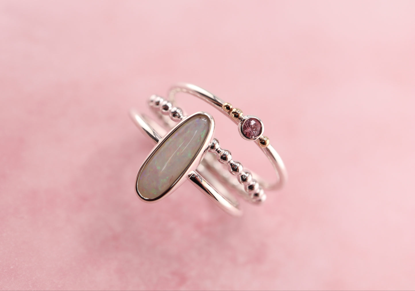 Belle Pink opal and Sapphire Ring set